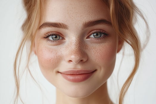 A beautiful young woman with freckles on her face photo