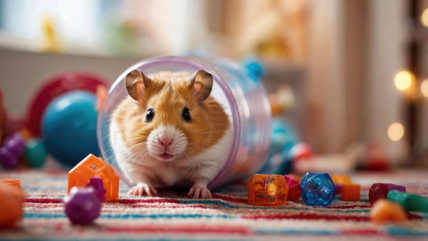 A playful hamster emerges from a colorful toy-filled environment. photo