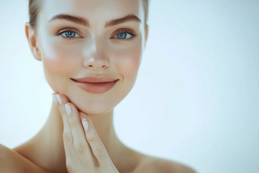 A woman with beautiful skin and blue eyes photo