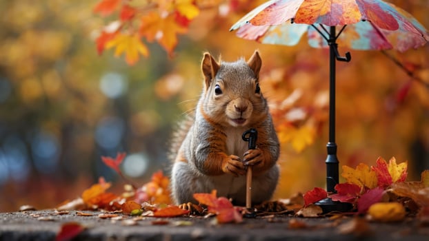 A whimsical squirrel holding a tiny umbrella amidst colorful autumn leaves. photo