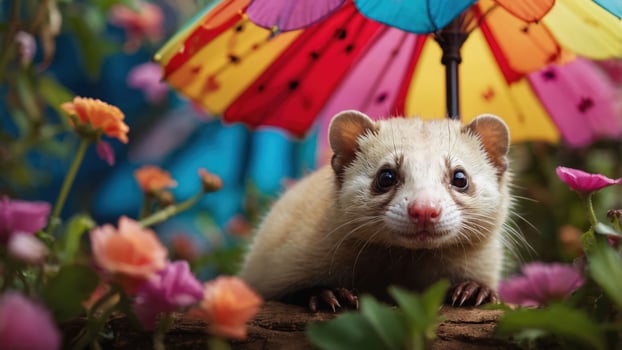 A cute animal with an umbrella surrounded by colorful flowers in a vibrant setting. photo