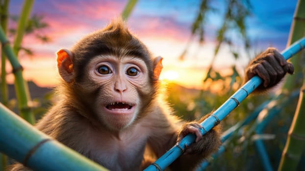 A surprised monkey perched on bamboo against a colorful sunset background. photo