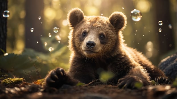 A young bear resting in a forest with bubbles floating around, creating a whimsical atmosphere. photo