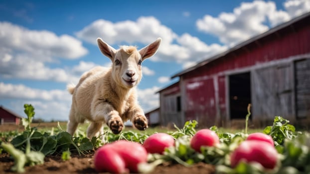 A playful goat leaps over fresh radishes in a vibrant farm setting. photo