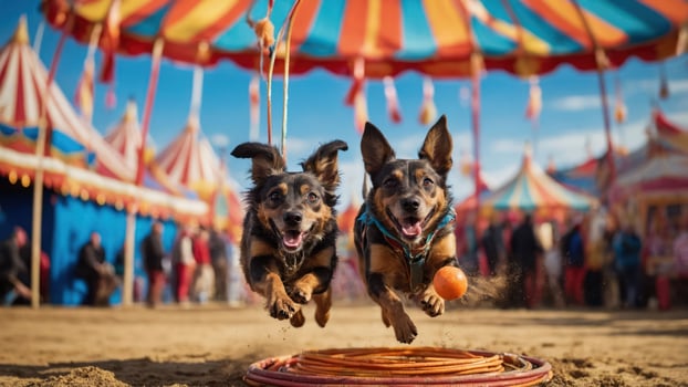 Two dogs joyfully jumping through a hoop at a vibrant circus setting. photo