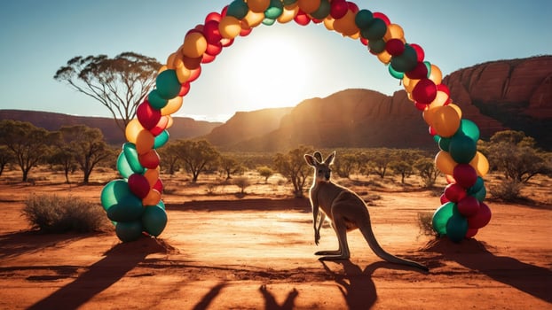 A kangaroo hops under a colorful balloon arch at sunset in a desert landscape. photo