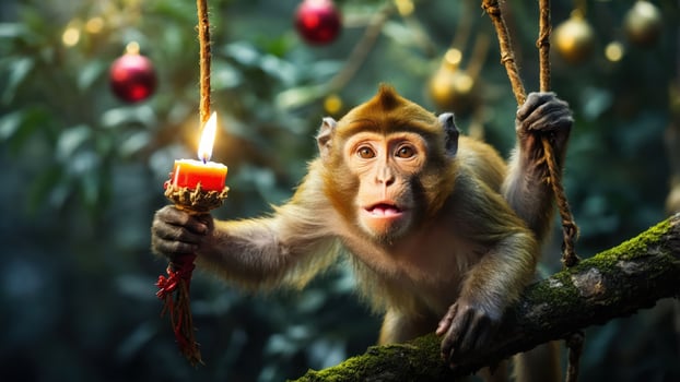 A monkey holding a candle in a festive, decorated forest setting. photo