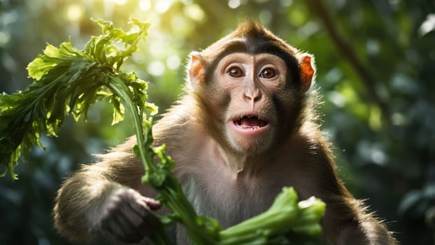 A monkey holding celery in a lush, green environment, showcasing animal behavior and diet. photo