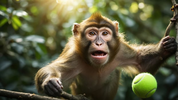 A curious monkey reaching for a green tennis ball in a lush forest setting. photo