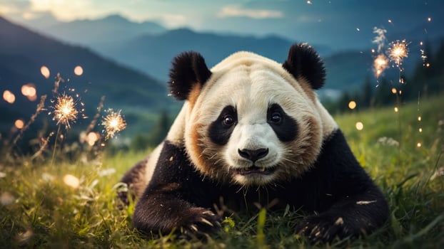 A panda resting in a grassy landscape with a scenic backdrop and sparkling lights. photo