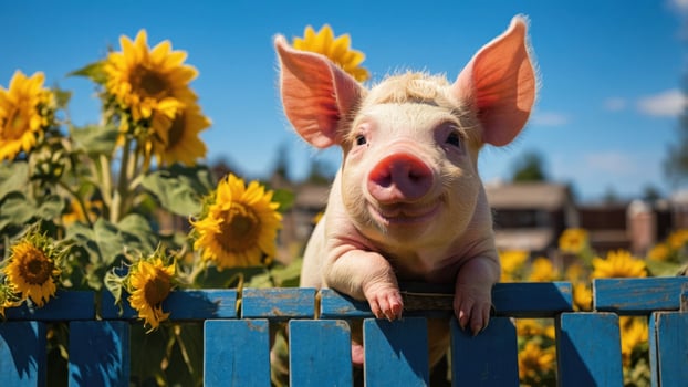 A cheerful piglet peeking over a blue fence amidst vibrant sunflowers under a clear sky. photo