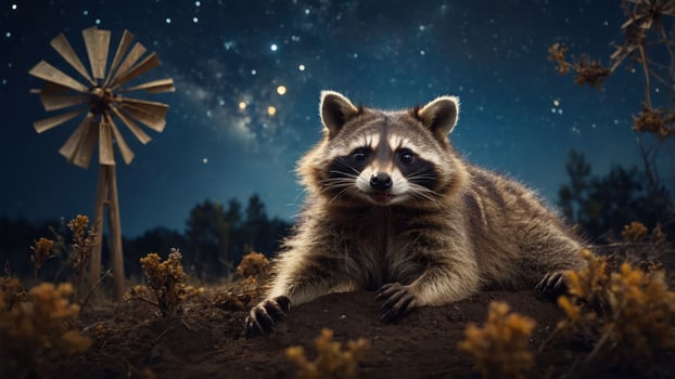 A raccoon rests under a starry sky beside a wooden windmill in a serene landscape. photo