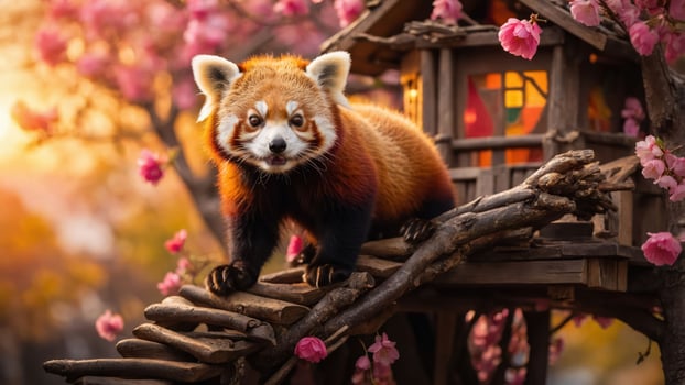 A red panda stands on a wooden structure surrounded by cherry blossoms at sunset. photo