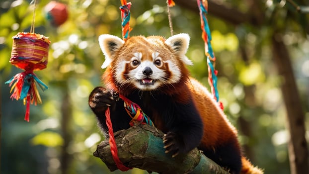 A playful red panda climbing on a branch, surrounded by colorful toys in a natural setting. photo