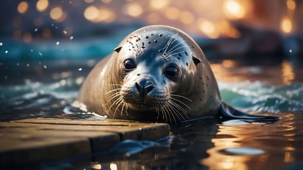 A close-up of a seal in water, showcasing its playful expression and wet fur. photo