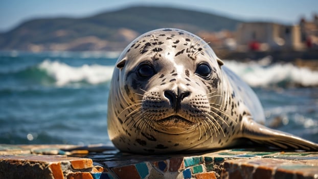 A close-up of a seal resting by the ocean, showcasing its expressive face and natural habitat. photo