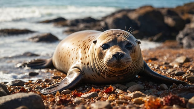 A seal resting on a rocky beach with the ocean in the background. photo