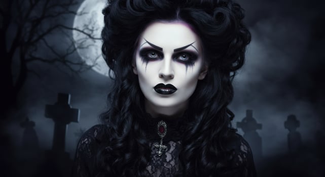Gothic aesthetic portrait of elegant woman in moonlit cemetery setting photo