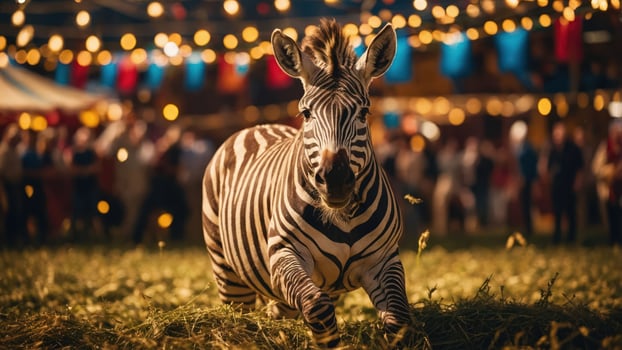 A zebra runs through a festive outdoor scene, surrounded by lights and people. photo