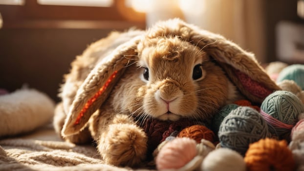 A cute rabbit nestled among colorful yarn balls in a cozy setting. photo
