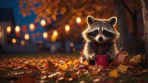 A raccoon in autumn, holding a paint container among colorful leaves and festive lights. photo