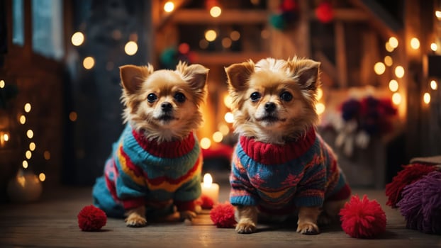 Two adorable Chihuahuas in colorful sweaters, surrounded by festive lights and decorations. photo
