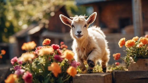 A playful goat among vibrant flowers in a sunny outdoor setting. photo