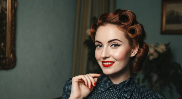 Retro elegance. young caucasian female with vintage hairstyle and red lips photo