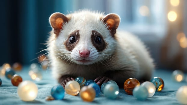 A cute animal with a playful expression surrounded by colorful marbles. photo