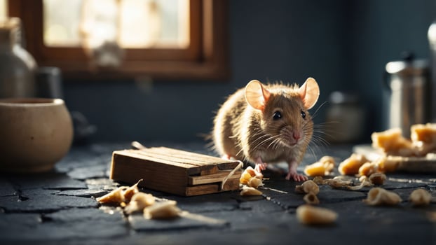 A mouse scavenges near a wooden trap, surrounded by scattered food remnants. photo