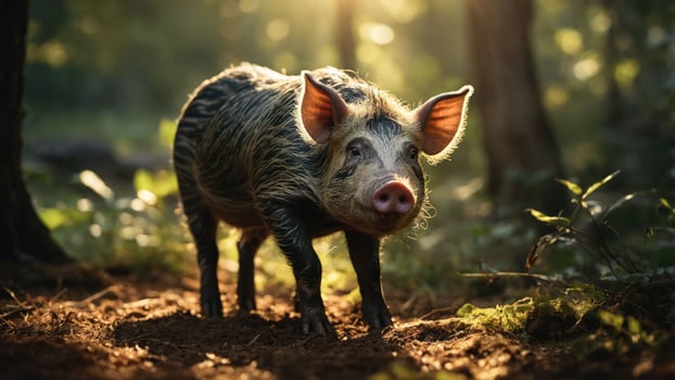 A pig stands in a sunlit forest, showcasing its natural habitat and beauty. photo