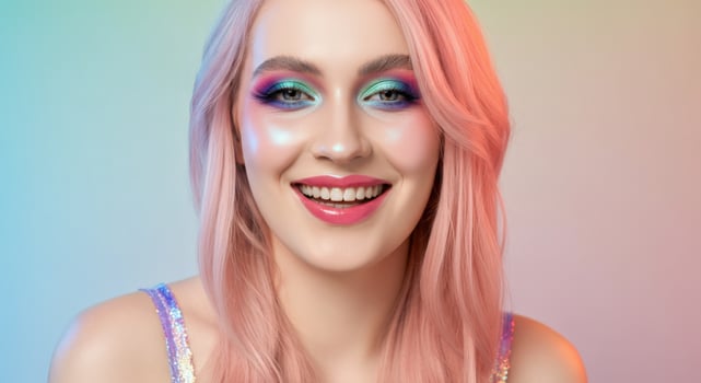 Vibrant glamour with pink hair and colorful makeup on smiling young caucasian female photo