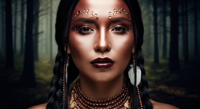 Enigmatic young adult female with braided hair and beaded adornments in mystical forest photo