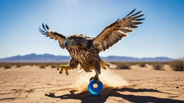 A hawk soaring over a desert landscape, playfully interacting with a blue object. photo