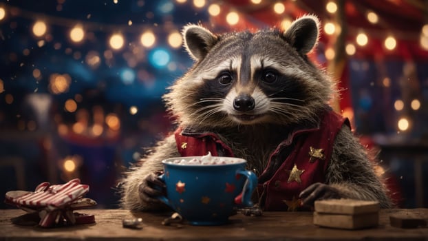 A raccoon in a festive setting, enjoying a warm drink with decorations in the background. photo