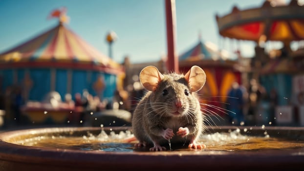 A mouse splashes in a fountain at a vibrant carnival, capturing a playful moment. photo