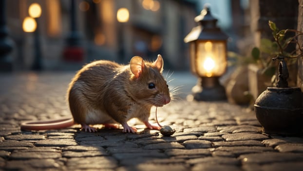 A mouse forages on a cobblestone street near a glowing lantern at dusk. photo