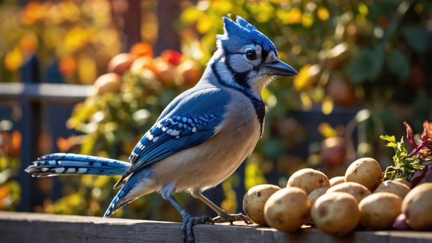 A blue jay perched beside fresh potatoes in a vibrant garden setting. photo