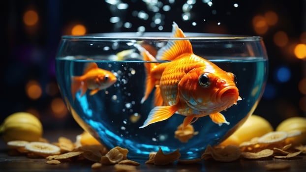 A vibrant goldfish bowl with two goldfish swimming amidst bubbles and snacks. photo