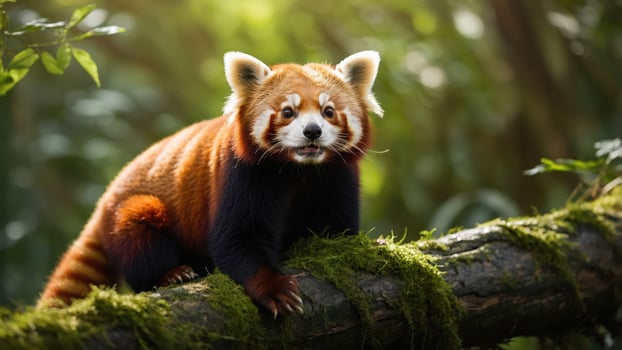 A red panda perched on a mossy log in a lush green environment. photo