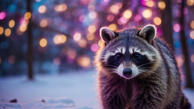 A raccoon in a snowy landscape with colorful bokeh lights in the background. photo