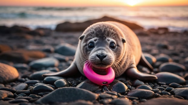 A seal pup resting on a rocky beach at sunset, playfully wearing a pink ring. photo