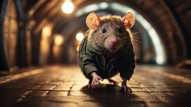 A whimsical rat in a coat exploring a dimly lit, arched corridor. photo