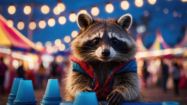 A raccoon in a colorful fair setting, wearing a jacket and curiously observing the scene. photo