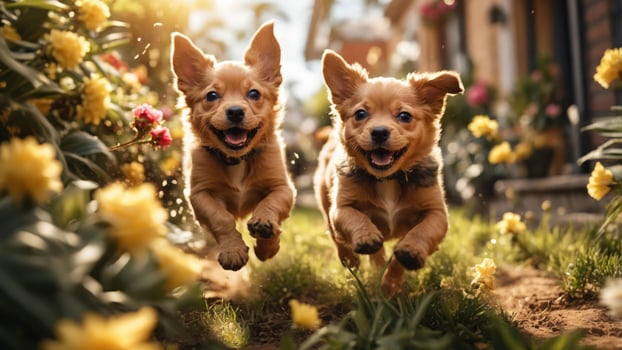 Two playful puppies running joyfully through a vibrant garden filled with flowers. photo