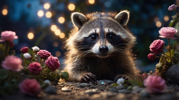 A raccoon surrounded by pink flowers and soft lighting, evoking a whimsical atmosphere. photo