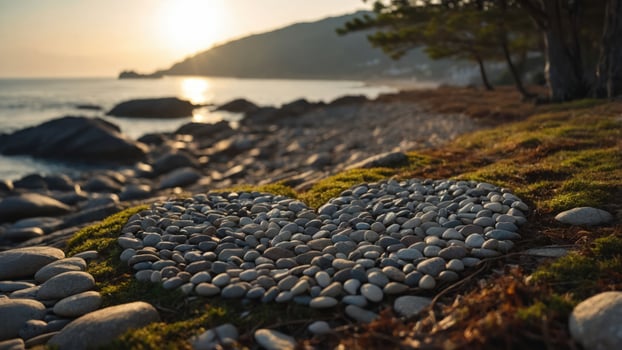 A heart-shaped arrangement of pebbles on a beach at sunset, symbolizing love and nature. photo