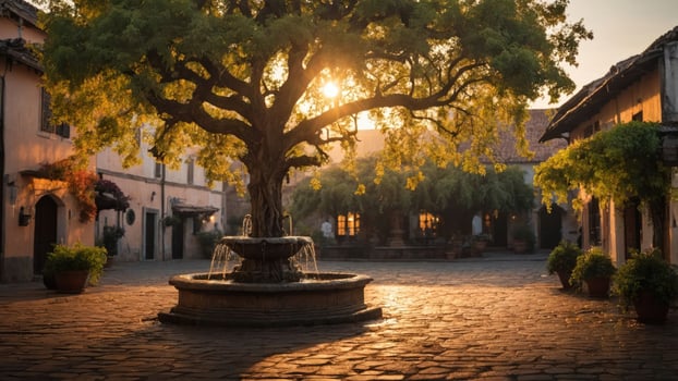A serene courtyard featuring a fountain and a large tree illuminated by sunset. photo