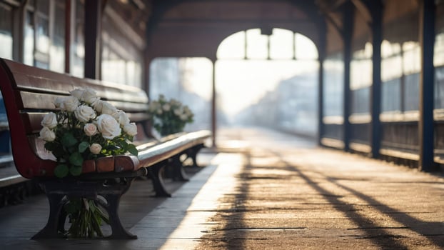 A serene train station platform adorned with bouquets of white roses, evoking nostalgia. photo