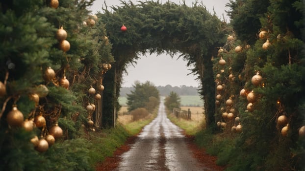 A scenic path adorned with Christmas decorations leading into the distance. photo